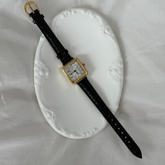 Sku 0488 vintage vibe retro mini watch gold black leather strap + in a gift bag - Picture 5 of 6